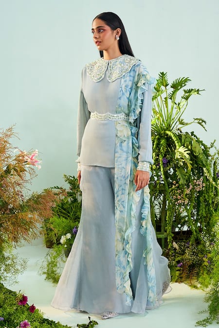 Mani Bhatia_Blue Crepe, Chiffon Liningshantoon Avery Gharara Set With Ruffle Dupatta _Online_at_Aza_Fashions