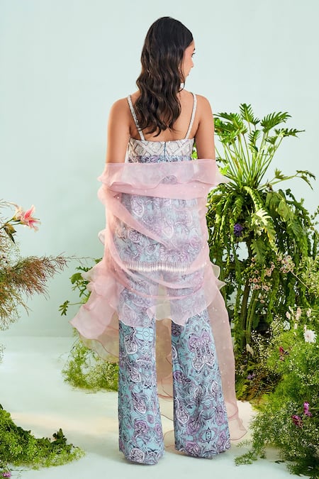 Shop Mani Bhatia Blue Modal Satin, Organza Lining Shantoon Sequins, Paisley Lily Pant Set at Aza Fashions Shop_Mani Bhatia_Blue Modal Satin, Organza Lining Shantoon Sequins, Paisley Lily Pant Set _at_Aza_Fashions