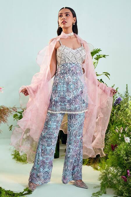 Mani Bhatia Blue Modal Satin, Organza Lining Shantoon Sequins, Paisley Lily Pant Set Online at Aza Fashions Mani Bhatia_Blue Modal Satin, Organza Lining Shantoon Sequins, Paisley Lily Pant Set _Online_at_Aza_Fashions