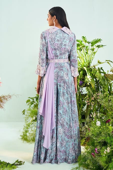 Shop Mani Bhatia Blue Modal Satin Print And Embroidery Paisley Print Cutdanas Anna Jumpsuit at Aza Fashions Shop_Mani Bhatia_Blue Modal Satin Print And Embroidery Paisley Print Cutdanas Anna Jumpsuit _at_Aza_Fashions