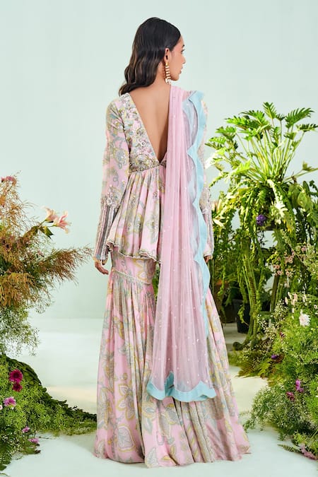 Shop Mani Bhatia Pink Crepe, Net Liningshantoon Sequins, Floral Print Jade Peplum Top Set at Aza Fashions Shop_Mani Bhatia_Pink Crepe, Net Liningshantoon Sequins, Floral Print Jade Peplum Top Set _at_Aza_Fashions