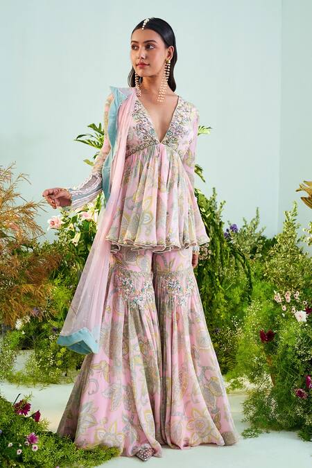 Mani Bhatia Pink Crepe, Net Liningshantoon Sequins, Floral Print Jade Peplum Top Set Online at Aza Fashions Mani Bhatia_Pink Crepe, Net Liningshantoon Sequins, Floral Print Jade Peplum Top Set _Online_at_Aza_Fashions