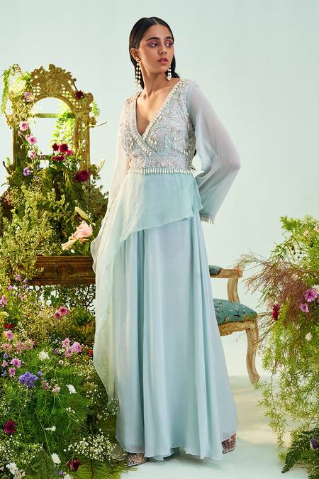 Mani Bhatia_Blue Georgette Embroidery Cutdanas Plunge V Rose Draped Jumpsuit _Online_at_Aza_Fashions