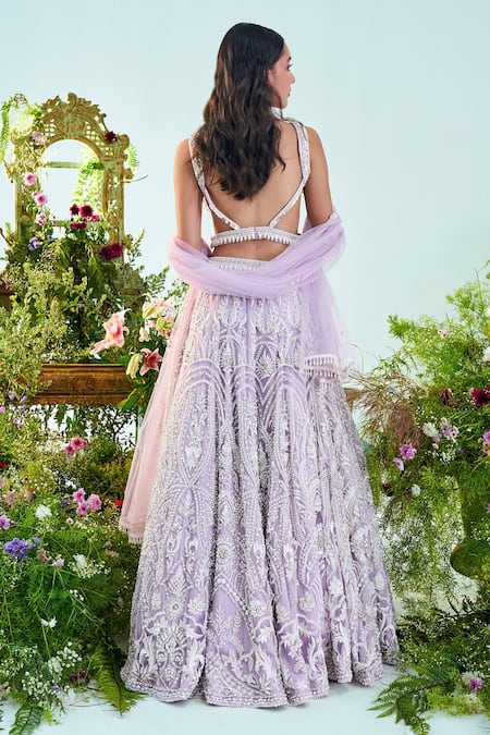 Shop Mani Bhatia Purple Net, Satin, Lining Shantoon Ruby Embroidered Bridal Lehenga Set at Aza Fashions Shop_Mani Bhatia_Purple Net, Satin, Lining Shantoon Ruby Embroidered Bridal Lehenga Set _at_Aza_Fashions