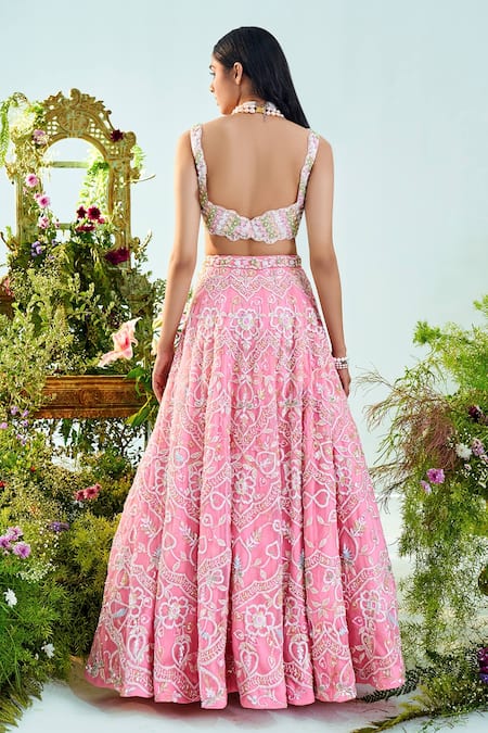 Shop Mani Bhatia Pink Organza, Satin, Lining Shantoon Cutdana, Aurora Embroidered Lehenga Set at Aza Fashions Shop_Mani Bhatia_Pink Organza, Satin, Lining Shantoon Cutdana, Aurora Embroidered Lehenga Set _at_Aza_Fashions