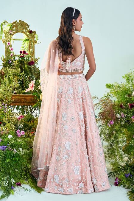 Shop_Mani Bhatia_Peach Net, Satin, Lining Shantoon Hazel Embroidered Bridal Lehenga Set _at_Aza_Fashions
