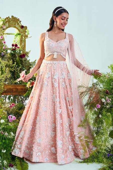 Mani Bhatia_Peach Net, Satin, Lining Shantoon Hazel Embroidered Bridal Lehenga Set _Online_at_Aza_Fashions