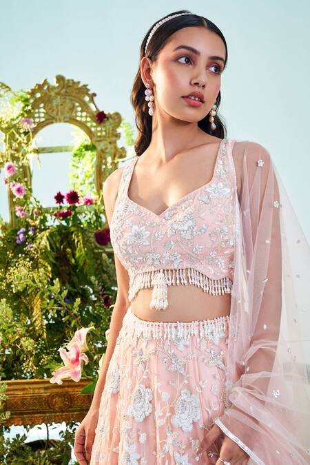 Buy_Mani Bhatia_Peach Net, Satin, Lining Shantoon Hazel Embroidered Bridal Lehenga Set _Online_at_Aza_Fashions