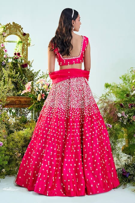 Shop_Mani Bhatia_Fuchsia Raw Silk, Organza, Lining Shantoon Iris Embroidered Lehenga Set _at_Aza_Fashions