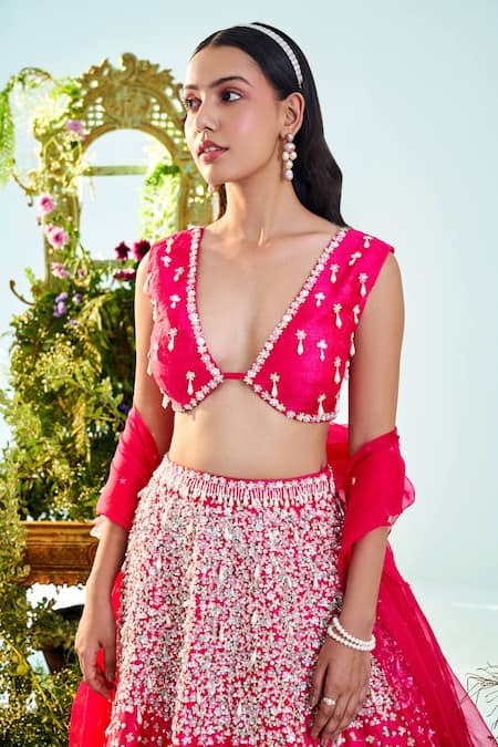 Buy_Mani Bhatia_Fuchsia Raw Silk, Organza, Lining Shantoon Iris Embroidered Lehenga Set _Online_at_Aza_Fashions
