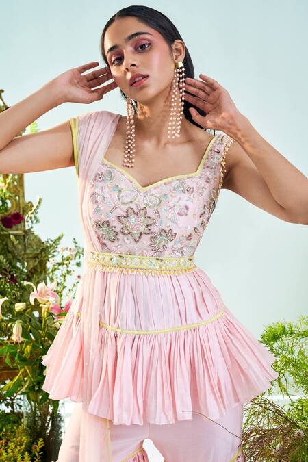 Mani Bhatia Pink Net, Lining Shantoon, Pure Chanderi Silk Eliza Peplum Top And Gharara Set Online at Aza Fashions Mani Bhatia_Pink Net, Lining Shantoon, Pure Chanderi Silk Eliza Peplum Top And Gharara Set _Online_at_Aza_Fashions