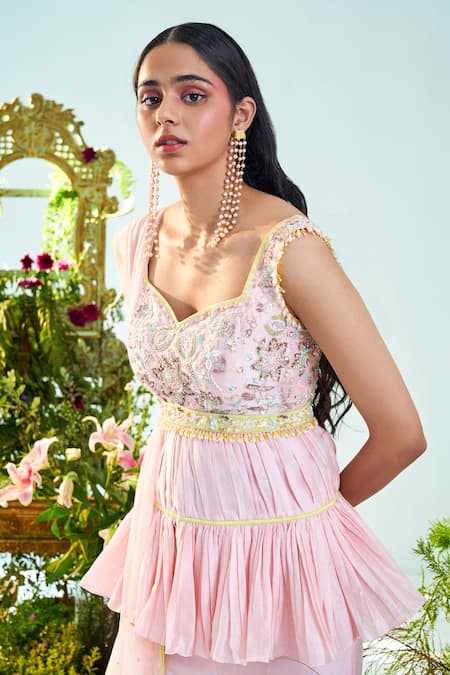Buy Mani Bhatia Pink Net, Lining Shantoon, Pure Chanderi Silk Eliza Peplum Top And Gharara Set Online at Aza Fashions Buy_Mani Bhatia_Pink Net, Lining Shantoon, Pure Chanderi Silk Eliza Peplum Top And Gharara Set _Online_at_Aza_Fashions