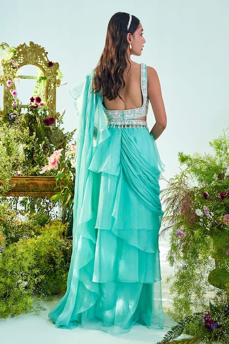 Shop_Mani Bhatia_Blue Organza, Satin, Lining Shantoon Bead Chloe Pre-draped Saree With Blouse _at_Aza_Fashions