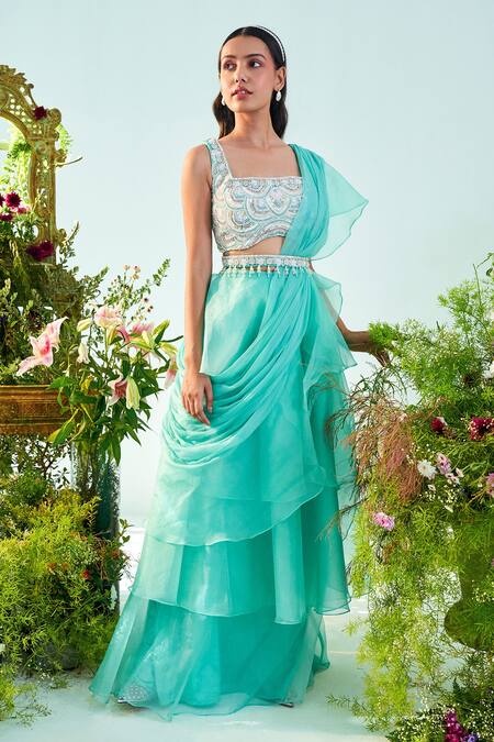 Mani Bhatia_Blue Organza, Satin, Lining Shantoon Bead Chloe Pre-draped Saree With Blouse _Online_at_Aza_Fashions