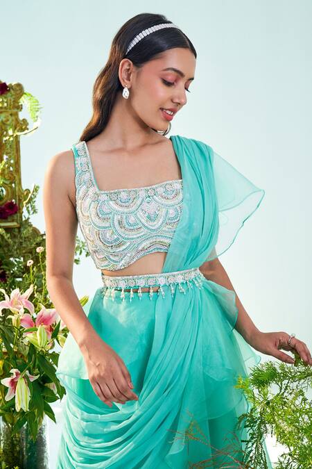 Buy_Mani Bhatia_Blue Organza, Satin, Lining Shantoon Bead Chloe Pre-draped Saree With Blouse _Online_at_Aza_Fashions