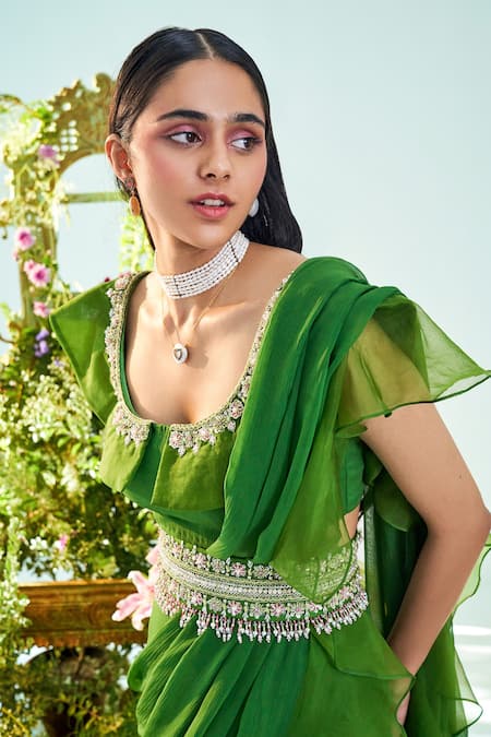Mani Bhatia_Green Organza, Chiffon, Lining Shantoon Scarlett Pre-draped Saree With Blouse _Online_at_Aza_Fashions