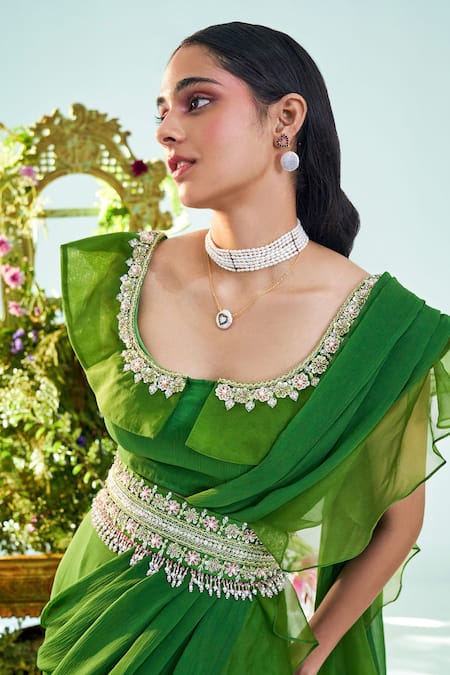 Buy_Mani Bhatia_Green Organza, Chiffon, Lining Shantoon Scarlett Pre-draped Saree With Blouse _Online_at_Aza_Fashions
