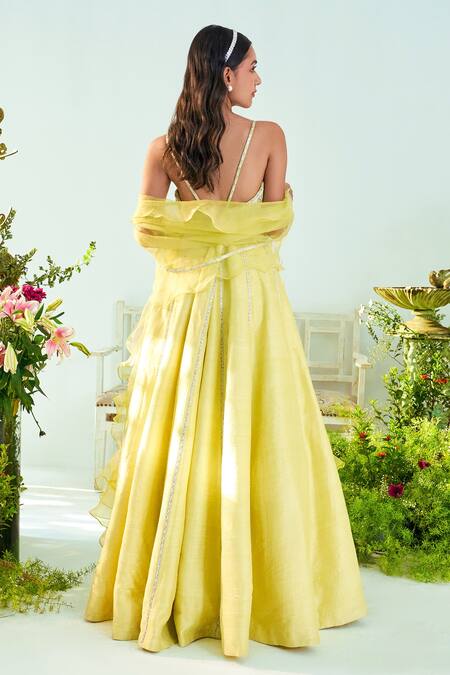 Shop_Mani Bhatia_Yellow Raw Silk, Organza, Lining Shantoon Ivy Embroidered Anarkali With Dupatta _at_Aza_Fashions