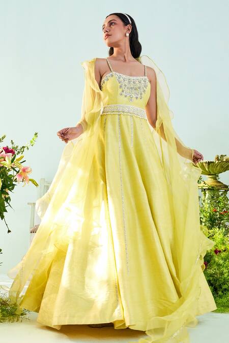Mani Bhatia_Yellow Raw Silk, Organza, Lining Shantoon Ivy Embroidered Anarkali With Dupatta _Online_at_Aza_Fashions