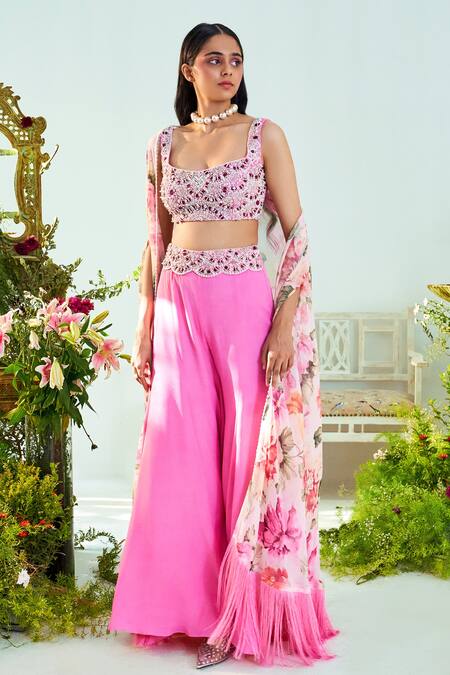 Mani Bhatia_Fuchsia Crepe, Georgette, Lining Shantoon Isabelle Printed And Palazzo Set _Online_at_Aza_Fashions