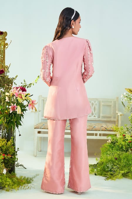 Shop Mani Bhatia Pink Lining Satin, Pure Silk Cutdana, Floral, Mia Embroidered Jacket And Pant Set at Aza Fashions Shop_Mani Bhatia_Pink Lining Satin, Pure Silk Cutdana, Floral, Mia Embroidered Jacket And Pant Set _at_Aza_Fashions
