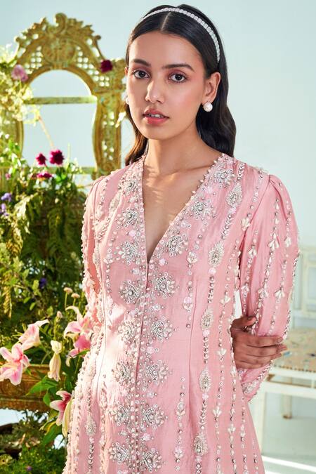 Buy Mani Bhatia Pink Lining Satin, Pure Silk Cutdana, Floral, Mia Embroidered Jacket And Pant Set Online at Aza Fashions Buy_Mani Bhatia_Pink Lining Satin, Pure Silk Cutdana, Floral, Mia Embroidered Jacket And Pant Set _Online_at_Aza_Fashions