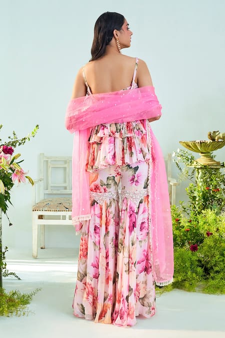 Shop_Mani Bhatia_Pink Organza, Georgette, Lining Shantoon Grace Printed Kurta Gharara Set _at_Aza_Fashions