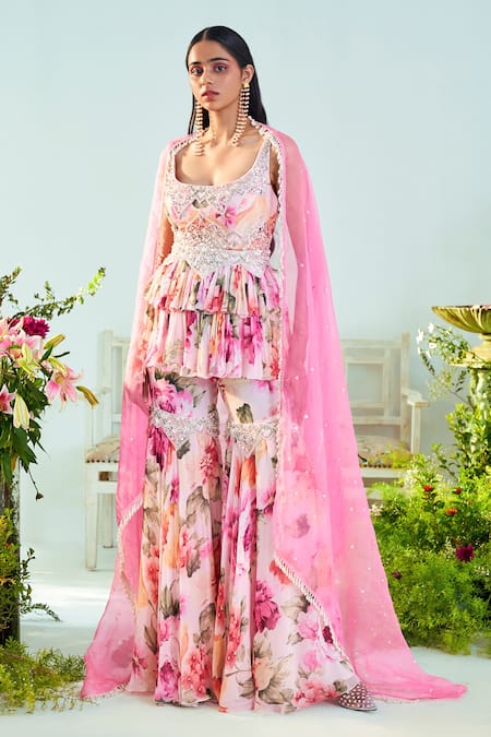 Mani Bhatia_Pink Organza, Georgette, Lining Shantoon Grace Printed Kurta Gharara Set _Online_at_Aza_Fashions