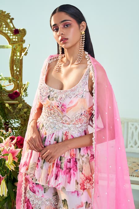Buy_Mani Bhatia_Pink Organza, Georgette, Lining Shantoon Grace Printed Kurta Gharara Set _Online_at_Aza_Fashions