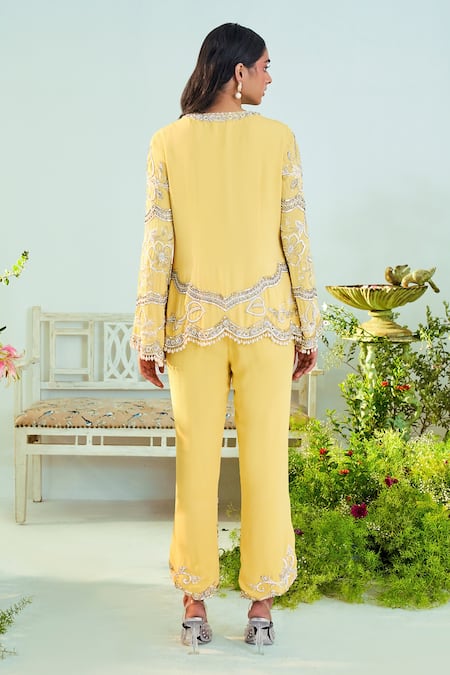 Shop_Mani Bhatia_Yellow Georgette, Lining Satin Cutdana, Evelyn Embroidered Jacket And Pant Set _at_Aza_Fashions
