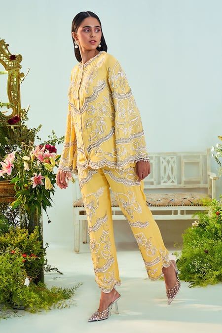 Mani Bhatia_Yellow Georgette, Lining Satin Cutdana, Evelyn Embroidered Jacket And Pant Set _Online_at_Aza_Fashions