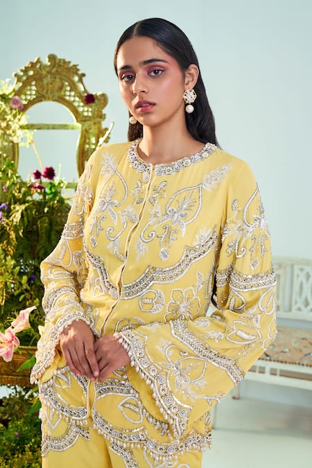 Buy_Mani Bhatia_Yellow Georgette, Lining Satin Cutdana, Evelyn Embroidered Jacket And Pant Set _Online_at_Aza_Fashions