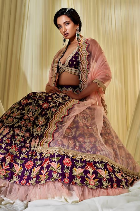 Disha Muchhala Purple Organza Floral Embroidered Lehenga Set