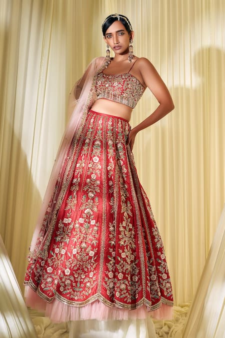 CHERRY RED 'ABLA' LEHENGA WITH A MATCHING HAND EMBROIDERED BLOUSE PAIRED  WITH A MATCHING DUPATTA AND SILVER HIGHLIGHTS. - Seasons India