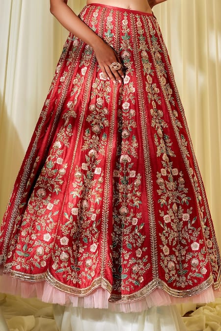Buy Disha Muchhala Red Silk, Net Floral Scoop Neck Embroidered Bridal Lehenga Set Online at Aza Fashions Buy_Disha Muchhala_Red Silk, Net Floral Scoop Neck Embroidered Bridal Lehenga Set _Online_at_Aza_Fashions