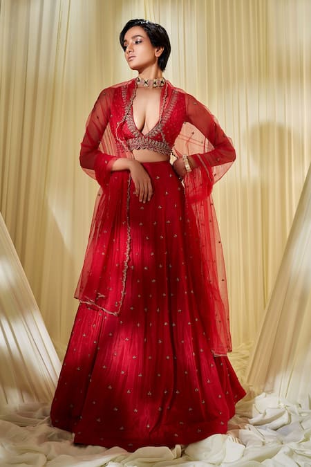 Buy Red sequin and bead embroidered lehenga set by Moledro at Aashni and Co