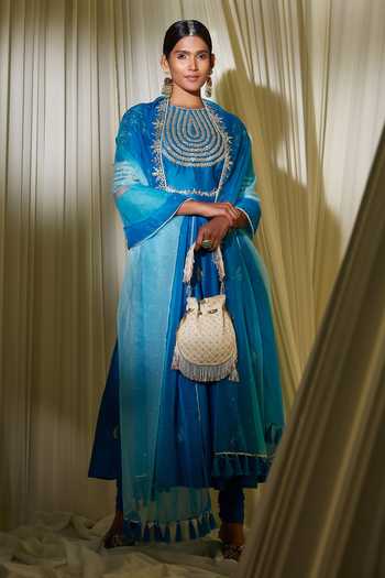 Majestic Mughal exclusive powder blue cotton mul kalidar kurta pant set with elegant embroidery patch