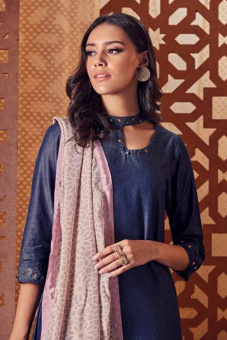 Shop_Charkhee_Blue Kurta And Palazzo Denim Embroidered Stud Round Set_Online_at_Aza_Fashions
