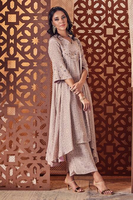 Charkhee_Grey Crepe Printed Gems V Neck Geometric Anarkali Pant Set_Online_at_Aza_Fashions