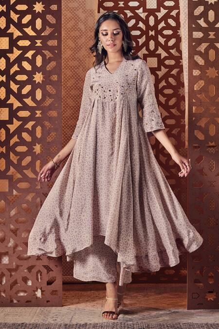 Buy_Charkhee_Grey Crepe Printed Gems V Neck Geometric Anarkali Pant Set_Online_at_Aza_Fashions