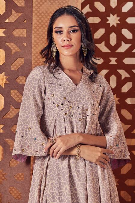 Shop_Charkhee_Grey Crepe Printed Gems V Neck Geometric Anarkali Pant Set_Online_at_Aza_Fashions