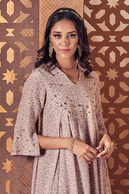 Charkhee_Grey Crepe Printed Gems V Neck Geometric Anarkali Pant Set_at_Aza_Fashions