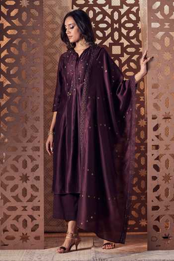 Charkhee_Purple Kurta And Dupatta Chanderi Embroidered Stud V Neck Palazzo Set_Online_at_Aza_Fashions
