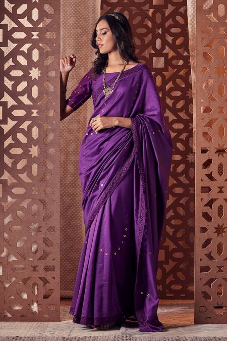 Charkhee Purple Chanderi Embellished Brass Rings Round Saree With Blouse Online at Aza Fashions Charkhee_Purple Chanderi Embellished Brass Rings Round Saree With Blouse _Online_at_Aza_Fashions