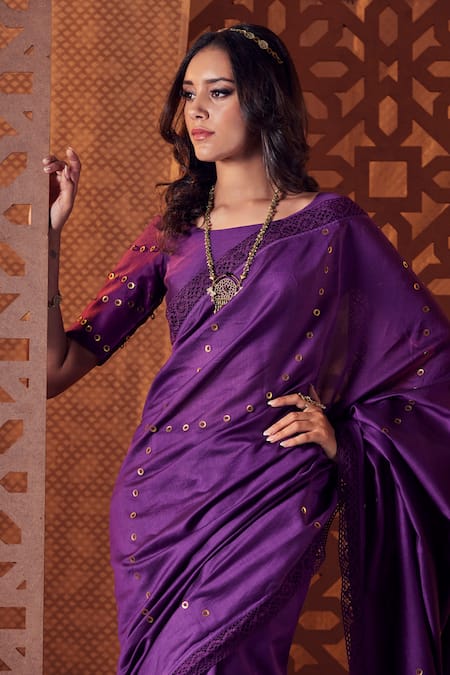 Buy Charkhee Purple Chanderi Embellished Brass Rings Round Saree With Blouse Online at Aza Fashions Buy_Charkhee_Purple Chanderi Embellished Brass Rings Round Saree With Blouse _Online_at_Aza_Fashions