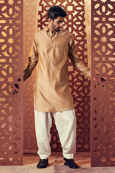 Shop Charkhee Beige Kurta Chanderi Embroidered Stud Pathani Set at Aza Fashions Shop_Charkhee_Beige Kurta Chanderi Embroidered Stud Pathani Set _at_Aza_Fashions
