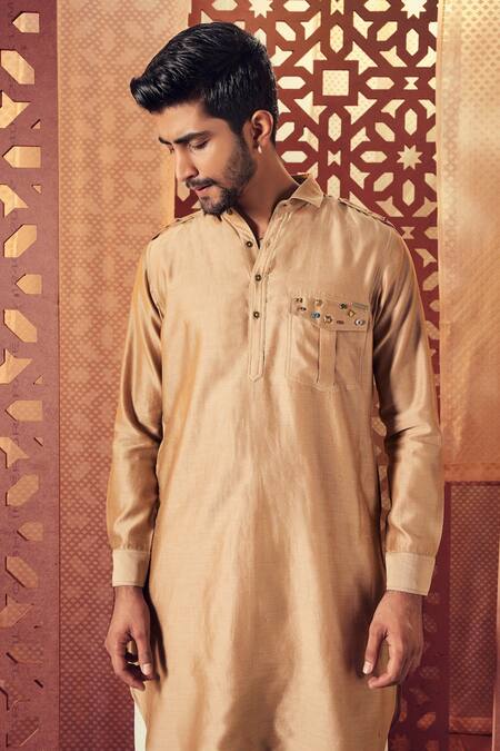 Charkhee Beige Kurta Chanderi Embroidered Stud Pathani Set Online at Aza Fashions Charkhee_Beige Kurta Chanderi Embroidered Stud Pathani Set _Online_at_Aza_Fashions