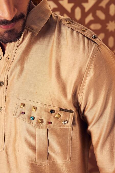 Buy Charkhee Beige Kurta Chanderi Embroidered Stud Pathani Set Online at Aza Fashions Buy_Charkhee_Beige Kurta Chanderi Embroidered Stud Pathani Set _Online_at_Aza_Fashions