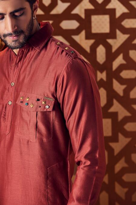 Charkhee_Brown Kurta Chanderi Embroidered Stud Pathani Set_Online_at_Aza_Fashions