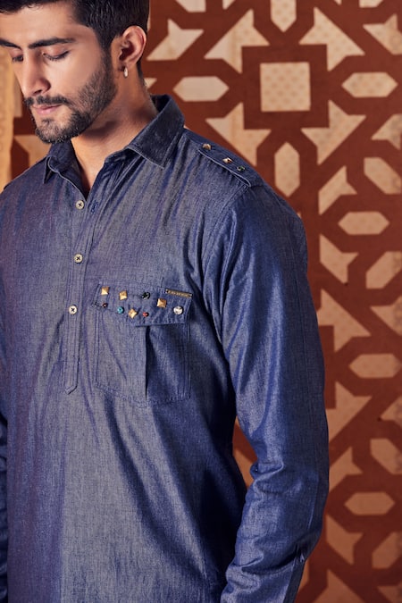 Men'S Cotton Solid Black Colour Long Length Pathani Kurta - Om Clothing -  2341428